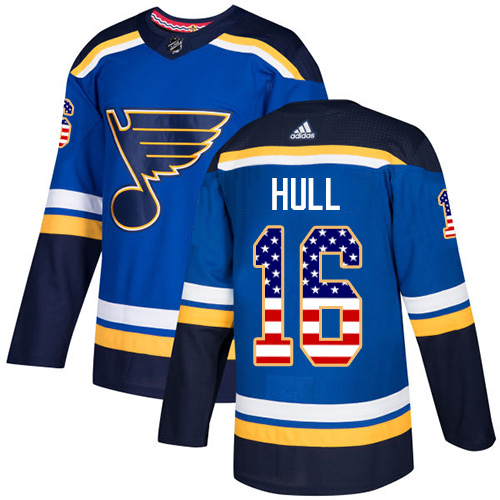 Adidas Blues #16 Brett Hull Blue Home Authentic USA Flag Stitched NHL Jersey